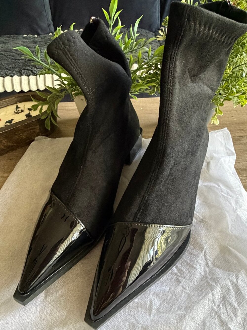 Ankle Boots Women Chunky Mid Heels Suede Shoes Woman Pointed Toe